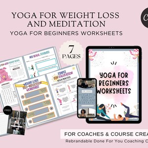 Może przedstawiać: Produkt cyfrowy dla trenerów i twórców kursów, zawierający 7 drukowanych arkuszy ćwiczeń do jogi na odchudzanie i medytację. Arkusze ćwiczeń obejmują dziennik jogi, arkusz ćwiczeń do samorefleksji nad utratą wagi oraz prostą praktykę powitania słońca.