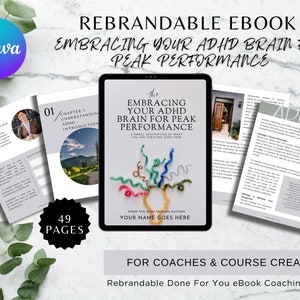 May include: A digital ebook cover with a gray and white design. The cover features the title "Embracing Your ADHD Brain for Peak Performance" and a colorful illustration of yarn. The cover also includes the text "Rebrandable Done For You eBook Coaching Content".