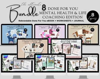 The Ultimate Bundle 8 Tópicos do Curso de Saúde Mental e Coaching de Vida | Feito para você Planilha de trabalho editável do kit de ferramentas de coaching Plano de ação do diário