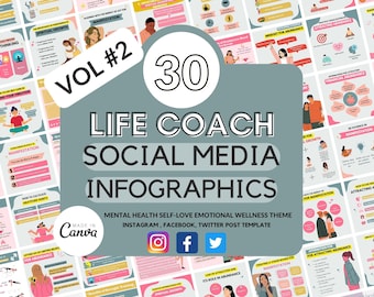 30 plantillas de Canva para redes sociales espiritualmente de Life Coach /Publicación en redes sociales de Life Coach/Bienestar emocional/Salud mental/Infografías de Instagram