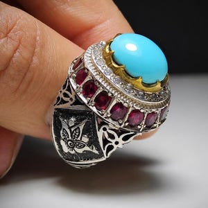 Natural Turquoise Ring For Men, Real Feroza & Ruby Gemstones 925 Sterling Silver Handcrafted Unique Islamic Ring