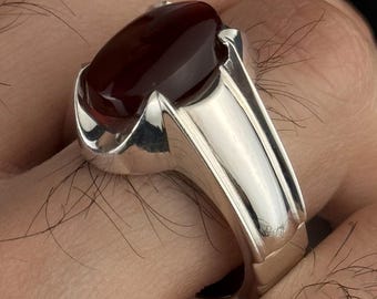 Handgjord jemenitisk Aqeeq-ring, röd agat i sterlingsilver