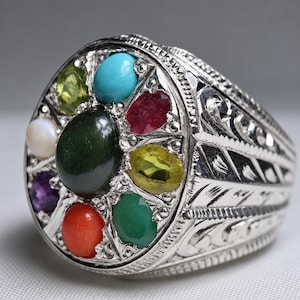 Natural Multi Gemstone Ring, Ruby Emerald Sapphire Opal, Coral Amethys Peridot Ring, Handmade 925 Sterling Silver Pakistani Mens Ring