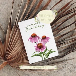 Gelukkige verjaardagskaart afdrukken thuis afdrukbare downloadbare digitale Instant Download aquarel handgemaakte bloemen tuinliefhebbers Echinacea