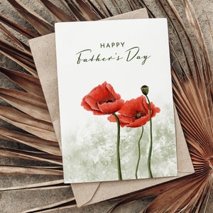 Printable Downloadable Happy Father's Day Card Digital Template Instant Download Watercolour Handmade Poppy Poppies Flowers