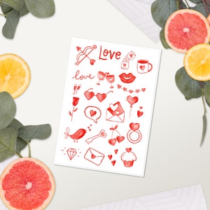 Hoja de pegatinas de acuarela del Día de San Valentín para tarjetas de felicitación, notas, imágenes prediseñadas, DYI