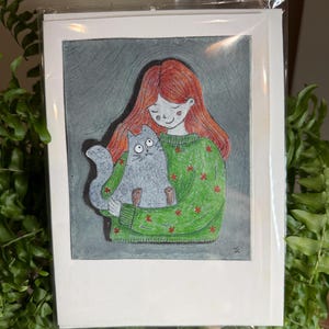 Christmas Card, Girl and cat handmade card, Christmas greeting card with Envelope, Art card, Card for cats lover, Gift for kitten lover, 5p.