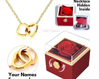 Personalized Heart Necklace with Real Preserved Rose - Eternal Rose Box - Custom Engraved Name Necklace - Heart Rose Necklace - Gift For Her