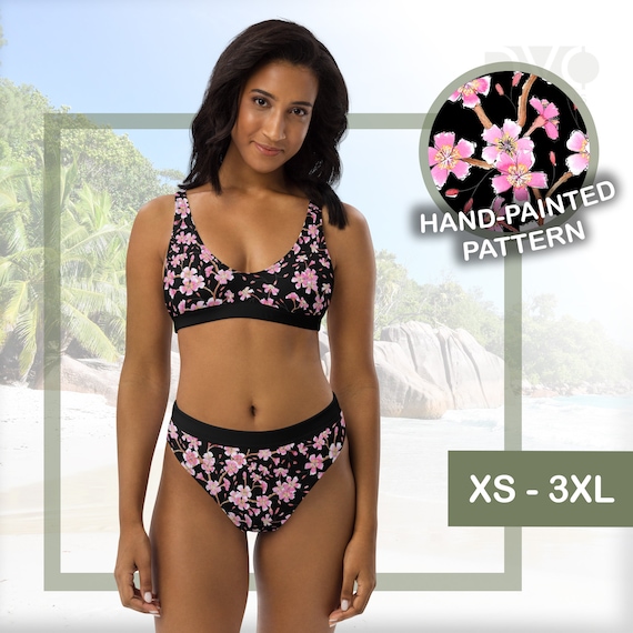 High-waisted Cherry Blossom Bikini Set, a Cute Floral Bathing Suit With  Hand-painted Watercolor Pattern sakura Spring, Custom Made 