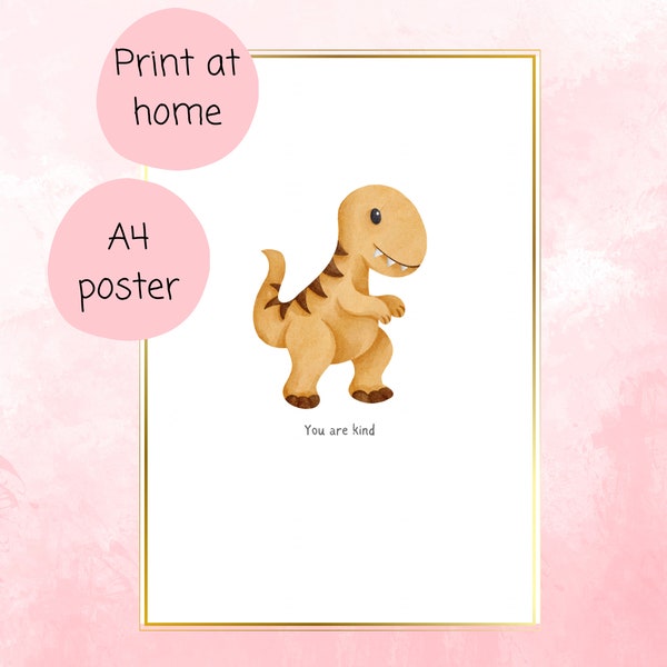 Children’s affirmation wall art - you are kind - yellow dinosaur