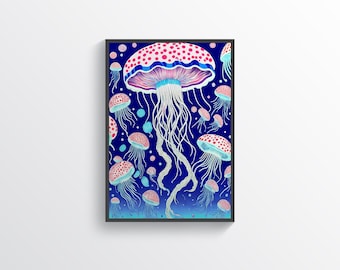 Colorful Jellifish Poster, Ocean life decor, Sea creatures print - Digital Download