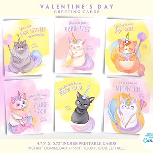 Biglietto di San Valentino con unicorno e gatto stampabile, per bambini, bambine e bambini / Download immediato, digitale, regalo personalizzato per San Valentino con gattino carino