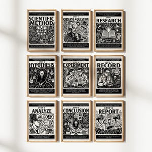 May include: Nine framed black and white posters illustrating the scientific method. Each poster features a step in the process, with text and illustrations. The posters are in wooden frames and are displayed on a white wall.