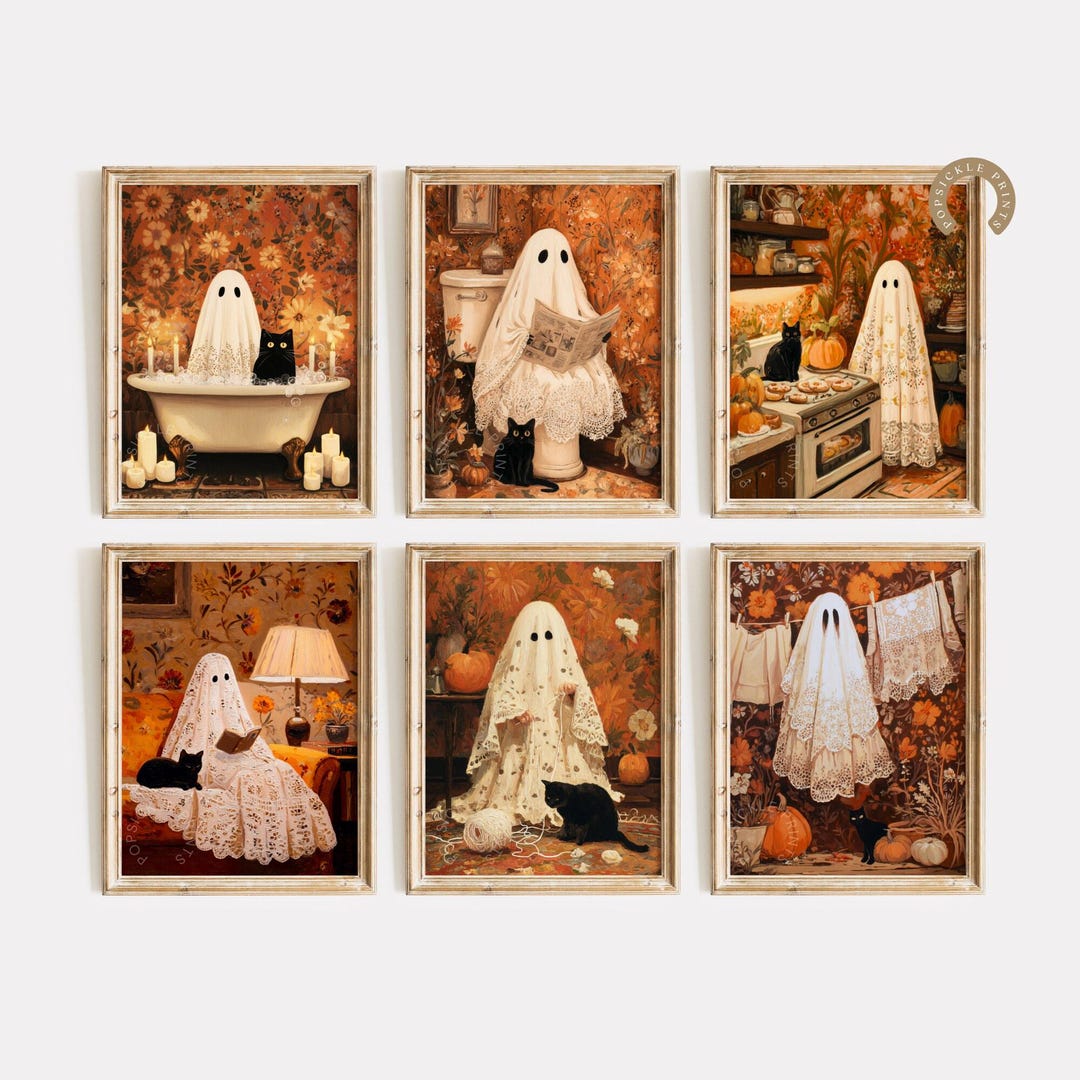 Halloween Ghost and Black Cat Gallery Wall Art Set, Printable Cute ...