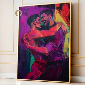 Gay Couple Wall Art DIGITAL DOWNLOAD | Gay Lovers Art, Gay Men Pride Month Poster, Inclusive LGBTQIA+ Queer Eclectic Neon Printable Decor