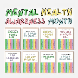Puede incluir: Ocho tarjetas imprimibles coloridas con afirmaciones positivas para el mes de concienciación sobre la salud mental. Cada tarjeta tiene un mensaje diferente, como "La curación se ve como..." y "Se te permite..."