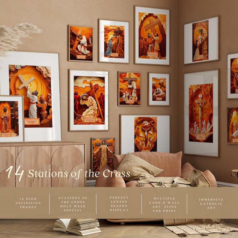 14 Stations of the Cross Printable Wall Art & Card for Lent Easter, Jesus Holy Week Posters, Bible Prints, Catholic Digital Download