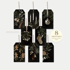 May include: Set of eight printable holiday gift tags with various vintage-style designs. Each black tag features botanical illustrations, including candles, ornaments, and gingerbread men. The tags are strung with twine and are ready for use.