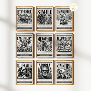 Könnte beinhalten: Eine Sammlung von neun rechteckigen schwarz-weißen Postern zu literarischen Stilmitteln in Holzrahmen. Jedes Poster zeigt einen fetten Titel, eine detaillierte Illustration und beschreibenden Text. Die Titel umfassen Hyperbole, Simile, Onomatopoeia, Cacophony, Metaphor, Juxtaposition, Alliteration, Aporia und Synesthesia. Ein kreisförmiges Abzeichen oben rechts zeigt Bundle of 90.