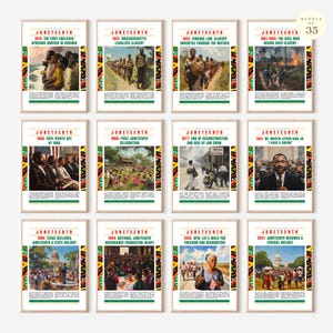 35 pôsteres históricos do Juneteenth, linha do tempo do Juneteenth, quadro de avisos de junho, arte sobre a liberdade da história negra, decoração de sala de aula de 19 de junho, download digital