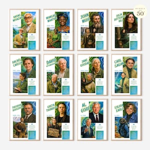Puede incluir: Una colección de impresiones artísticas enmarcadas con retratos de figuras notables, incluyendo a Hayao Miyazaki, Wangari Maathai y John Muir. Cada impresión incluye un retrato, nombre e información biográfica, con un diseño azul y verde.