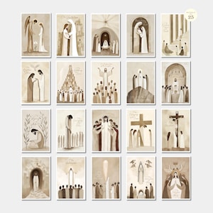 Set di 25 Misteri del Rosario, stampabile, murale e cartolina raffigurante Gesù cattolico, guida alla meditazione e alla preghiera biblica, download digitale per la Quaresima