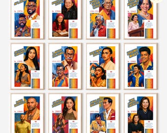 May include: A bundle of 50 framed art prints featuring portraits of notable figures. Each print includes a portrait, birth year, and a quote. The portraits are colorful and stylized, with a vibrant design.