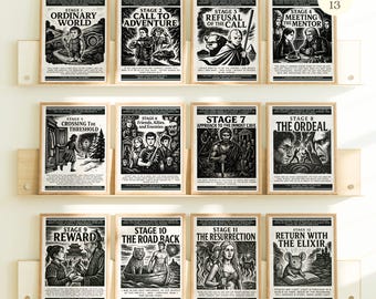 Set di 13 poster sul Viaggio dell'Eroe, decorazioni per l'aula di inglese, libri famosi, stampe per la biblioteca e l'homeschooling, download digitale di arte murale letteraria ELA