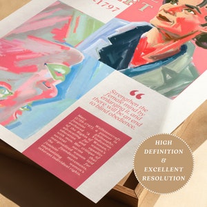 May include: A digital illustration of a woman's face in pink, red, and blue hues. The image is accompanied by a quote from Mary Wollstonecraft, a feminist philosopher, advocating for women's education and equality. The text reads "Strengthen the female mind by enlarging it, and there will be an end to blind obedience."