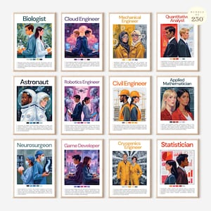 May include: A set of 12 framed art prints, each depicting a different profession with illustrations of people in various careers. Professions include Biologist, Cloud Engineer, Mechanical Engineer, and others. The prints have a white border and are arranged in a grid.
