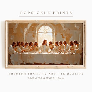 Puede incluir: Una pintura que representa a Jesucristo y sus discípulos en la Última Cena. La pintura es de estilo realista con colores cálidos y una luz suave. La escena se desarrolla en una habitación con una gran ventana detrás de Jesús. La pintura está enmarcada en un sencillo marco de madera.