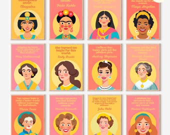 May include: A set of 10 printable posters featuring inspirational quotes from famous women. Each poster features a colorful illustration of a woman and her quote. The posters are perfect for decorating a home office, bedroom, or classroom.