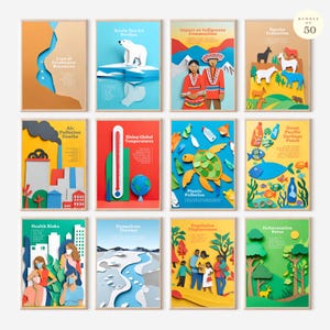 Puede incluir: Un conjunto de 10 ilustraciones recortadas en papel de colores que representan problemas ambientales. Las ilustraciones incluyen un glaciar que se derrite, un termómetro, una tortuga, un parche de basura, una ciudad con chimeneas, un bosque, una familia y un ciervo. El texto en las ilustraciones incluye "Declive del hielo marino ártico", "Aumento de las temperaturas globales", "Contaminación por plástico", "Gran parche de basura del Pacífico", "Muertes por contaminación del aire", "Tasas de deforestación", "Desplazamiento de la población", "Descongelamiento del permafrost", "Riesgos para la salud" y "Pérdida de recursos de agua dulce".