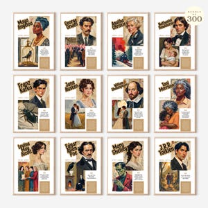 Puede incluir: Una colección de 12 impresiones artísticas enmarcadas con retratos de autores famosos, como Maya Angelou, George Orwell y Agatha Christie. Cada impresión incluye el nombre del autor, las fechas y una cita. Las impresiones se muestran con un fondo neutro.