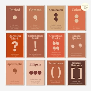 40 posters met leestekens en symbolen, grappig Engels klasdecor, minimalistische muurkunst, homeschool Flash Card wordt afgedrukt digitale download
