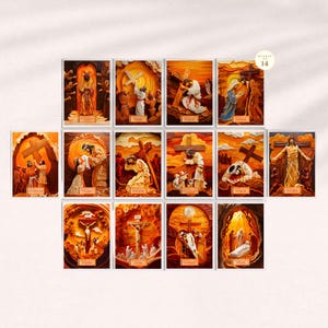 14 kruiswegafdrukbare muurkunst en kaart voor de vastentijd, posters van de heilige week van Jezus, bijbelafdrukken, katholieke digitale download