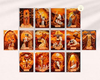 14 Stations of the Cross Printable Wall Art & Card for Lent Easter, Jesus Holy Week Posters, Bible Prints, Catholic Digital Download