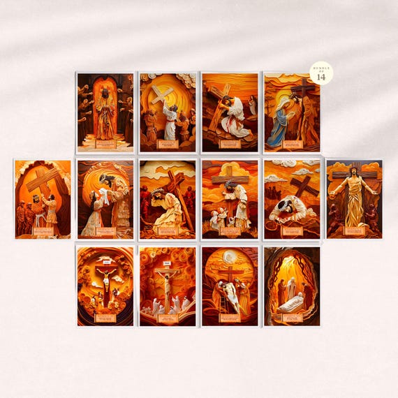 14 Stations of the Cross Printable Wall Art & Card for Lent Easter, Jesus Holy Week Posters, Bible Prints, Catholic Digital Download