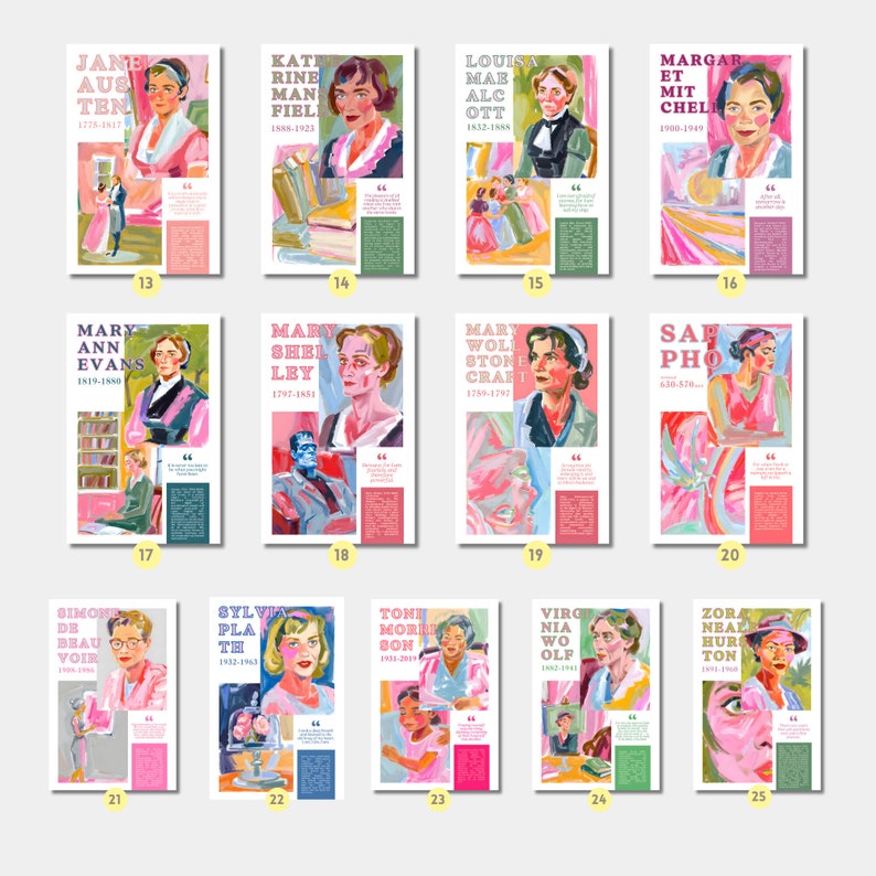 May include: A collage of 25 colorful portraits of women, each with their name and dates of life. The portraits are in a grid format, with each portrait having a white border. The portraits are painted in a stylized, abstract style.