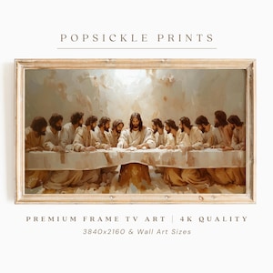 Puede incluir: Una impresión enmarcada de la pintura "La Última Cena". La obra representa a Jesús y sus discípulos en una mesa, representada en tonos cálidos y neutros. El marco es de color madera clara, y el texto "POPSICLE PRINTS" está en la parte superior.