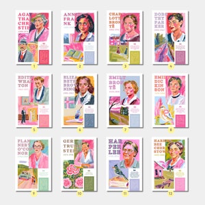 May include: A collage of 12 colorful portraits of famous female authors. Each portrait is set against a pink background with a quote from the author and their birth and death dates.