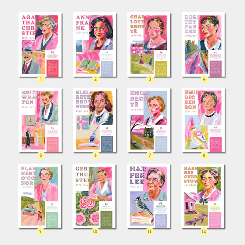 May include: A collage of 12 colorful portraits of famous female authors. Each portrait is set against a pink background with a quote from the author and their birth and death dates.