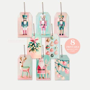 May include: Eight printable holiday gift tags with various designs, including nutcrackers, mistletoe, ornaments, a reindeer, Santa Claus, and string lights. The tags have a watercolor effect with pastel colors and gold string.