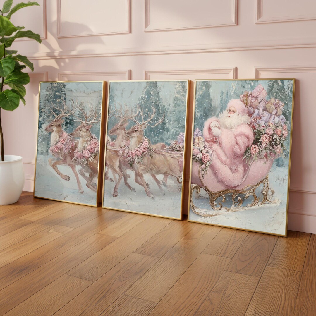 PRINTABLE Pink Christmas Santa Claus, Reindeers, Sleigh Wall Art Set of ...