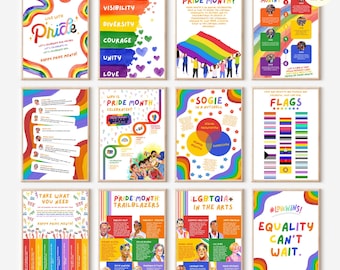 Könnte beinhalten: Ein Set aus 10 druckbaren Postern zur Feier des Pride Month. Die Poster zeigen farbenfrohe Regenbogen-Designs und Illustrationen mit Texten über Akzeptanz, Vielfalt, Mut, Einheit, Liebe, den Ursprung des Pride Month und LGBTQIA+ Trailblazern in den Künsten. Die Poster eignen sich perfekt für Klassenzimmer, Gemeindezentren oder jeden Raum, in dem Sie Pride feiern möchten.