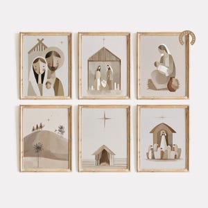 May include: Set of six framed art prints featuring minimalist illustrations of religious scenes in neutral tones. Each print is in a wooden frame. The images depict the nativity, the holy family, and the three wise men.