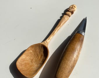 Wooden spoon with an handcarved head. Small serving spoon.