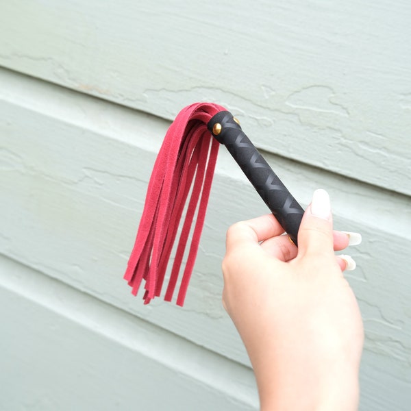 Cute Small Red and Black Mini Real Genuine Cow Hide Leather Flogger Whip Fetish Best Gift For Her