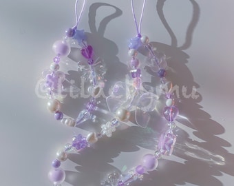 Custom lilac Phone Charm- Beaded Phone Strap, Y2K Korean Design | key chain wristlet | Pretty phone strap | Lanyard White theme | Handmade