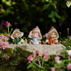 May include: Three ceramic figurines of gnomes with large hats and seated poses. The gnomes are dressed in green, blue, and orange outfits. They are sitting on a stone surface surrounded by pink and white flowers and green foliage.